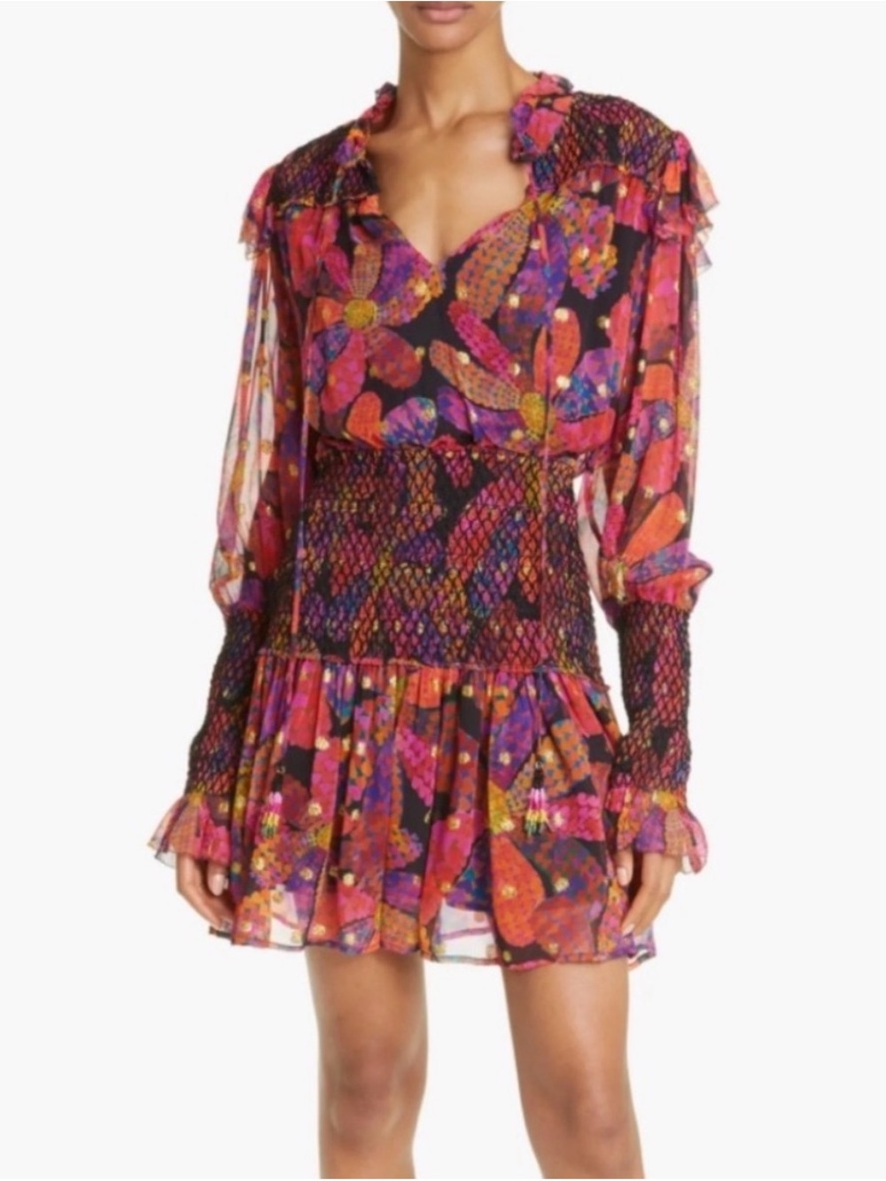 FARM RIO NWT Heart Daisy Metallic Dot Ruffled Long Sleeve Womens Mini Dress Sz M